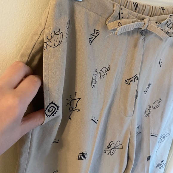 Cute Bug Print Cropped Khaki Pants Tie Waist Linen Cotton Blend Sz Small Quirky - Picture 7 of 9